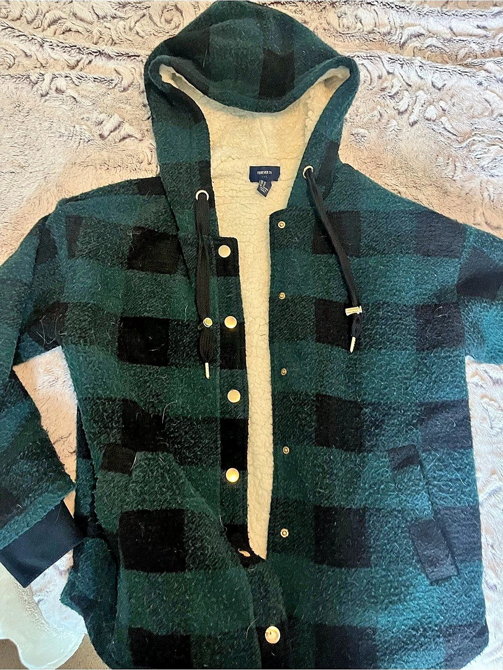 Forever 21 Green & Black Checkered Hooded Jacket Size Medium
